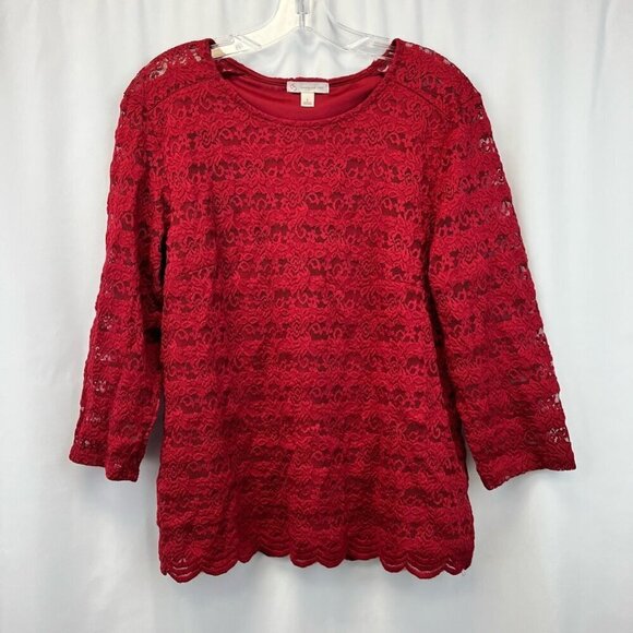 DB Established 1962 Womens Blouse Red Floral Lace Long Sleeve Lettuce Edge L - Picture 1 of 11